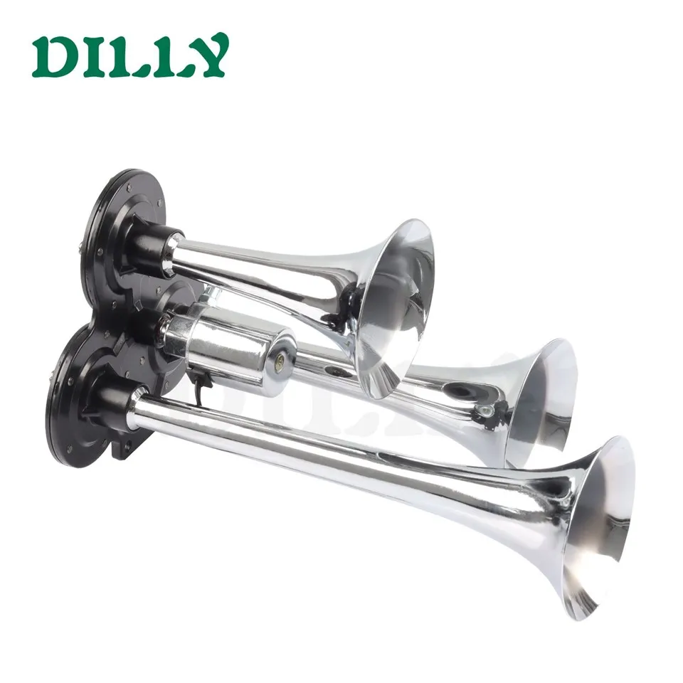 Auto Horn 12V 24V Three Tone Set Universal Modified Truck Train Bus Boat Chrome Plated Silver Three Tube Air Pump Horn